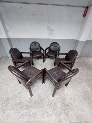 Dark Brown Leather and Wood Dining Armchairs from Bulo, 1980s, Set of 6-AIF-1798983