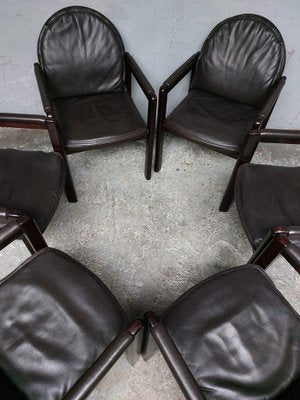 Dark Brown Leather and Wood Dining Armchairs from Bulo, 1980s, Set of 6-AIF-1798983