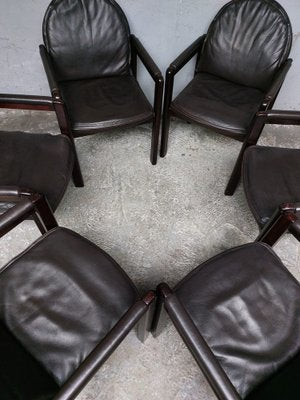 Dark Brown Leather and Wood Dining Armchairs from Bulo, 1980s, Set of 6-AIF-1798983