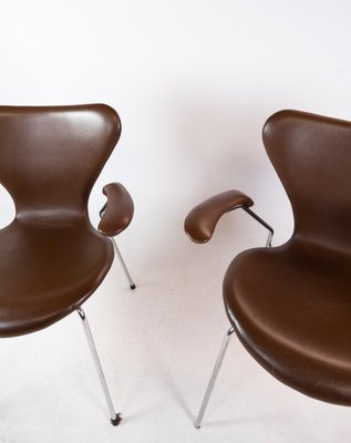 Dark Brown Leather Model 3207 Dining Chairs attributed to Arne Jacobsen for Fritz Hansen, 1980s, Set of 2-UY-1427387