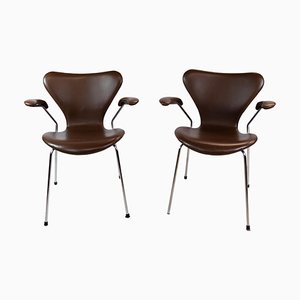 Dark Brown Leather Model 3207 Dining Chairs attributed to Arne Jacobsen for Fritz Hansen, 1980s, Set of 2-UY-1427387