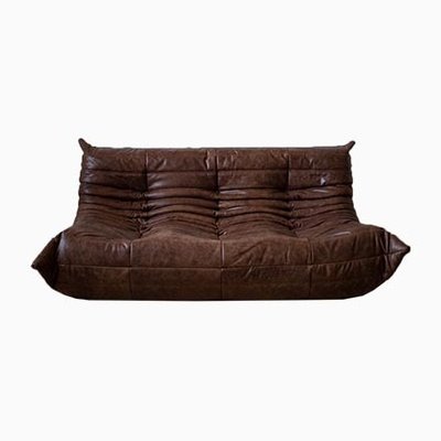 Dark Brown Leather Togo 2- and 3-Seat Sofa with Pouf by Michel Ducaroy for Ligne Roset, Set of 3-IXA-821394