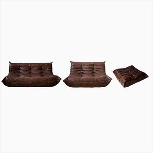 Dark Brown Leather Togo 2- and 3-Seat Sofa with Pouf by Michel Ducaroy for Ligne Roset, Set of 3-IXA-821394