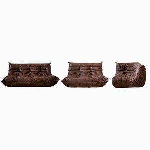 Dark Brown Leather Togo Corner Chair, 2- and 3-Seat Sofa by Michel Ducaroy for Ligne Roset, Set of 3-IXA-623833