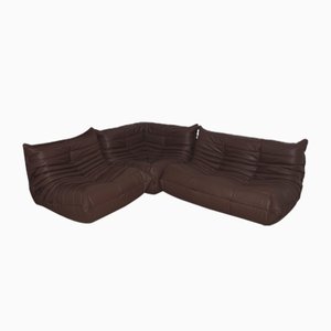 Dark Brown Leather Togo Lounge Chair, Corner and 2-Seat Sofa by Michel Ducaroy for Ligne Roset, Set of 3-IXA-692143