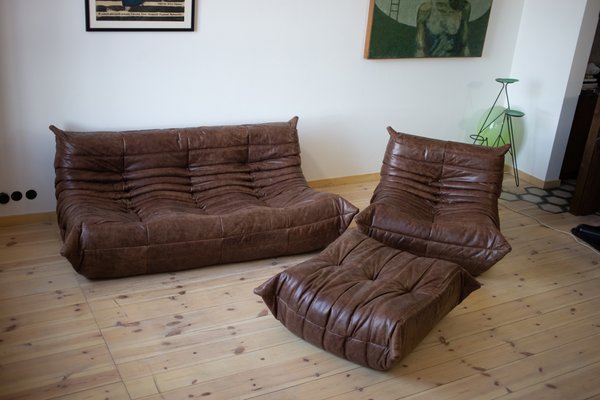 Dark Brown Leather Togo Lounge Chair, Pouf and 3-Seat Sofa by Michel Ducaroy for Ligne Roset, Set of 3-IXA-1288952