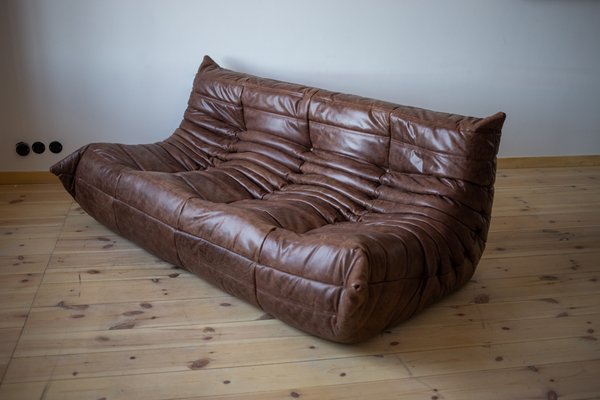 Dark Brown Leather Togo Lounge Chair, Pouf and 3-Seat Sofa by Michel Ducaroy for Ligne Roset, Set of 3-IXA-1288952