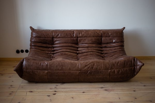 Dark Brown Leather Togo Lounge Chair, Pouf and 3-Seat Sofa by Michel Ducaroy for Ligne Roset, Set of 3-IXA-1288952