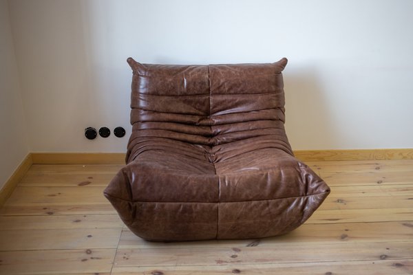 Dark Brown Leather Togo Lounge Chair, Pouf and 3-Seat Sofa by Michel Ducaroy for Ligne Roset, Set of 3-IXA-1288952