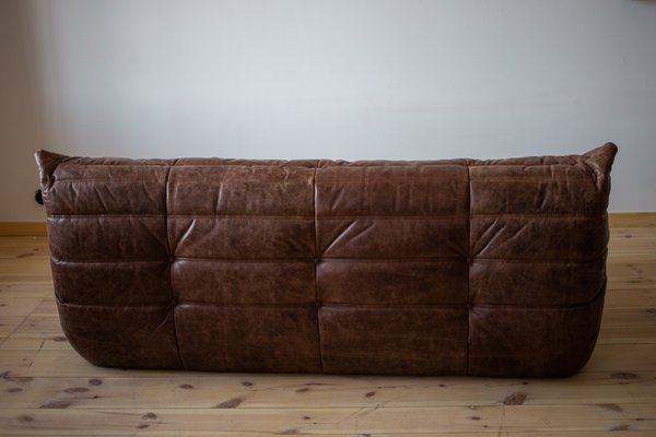 Dark Brown Leather Togo Lounge Chair, Pouf and 3-Seat Sofa by Michel Ducaroy for Ligne Roset, Set of 3-IXA-1288952