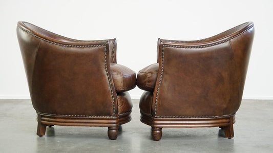 Dark Cognac-Colored Cow Leather Club Armchairs, Set of 2