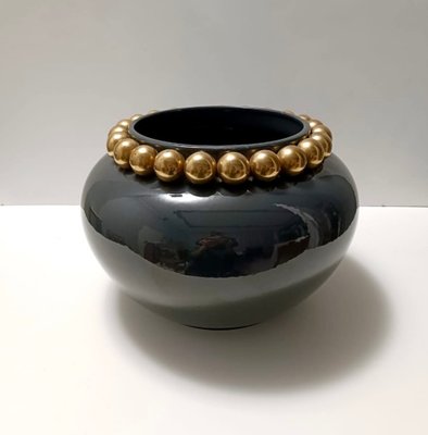 Dark Grey / Green Lacquered Ceramic Vase with Pure Gold Pearls, Italy, 1950s-JPQ-2018364