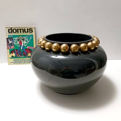 Dark Grey / Green Lacquered Ceramic Vase with Pure Gold Pearls, Italy, 1950s-JPQ-2018364