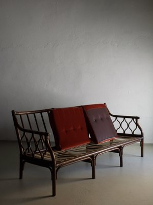 Dark Rattan 3-Seater Sofa with Velour Cushions, 1980s-UAO-1819510