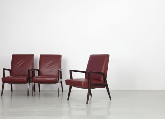 Dark Red Leatherette Armchairs, Italy, 1960s, Set of 5-AA-1087448