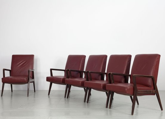 Dark Red Leatherette Armchairs, Italy, 1960s, Set of 5-AA-1087448