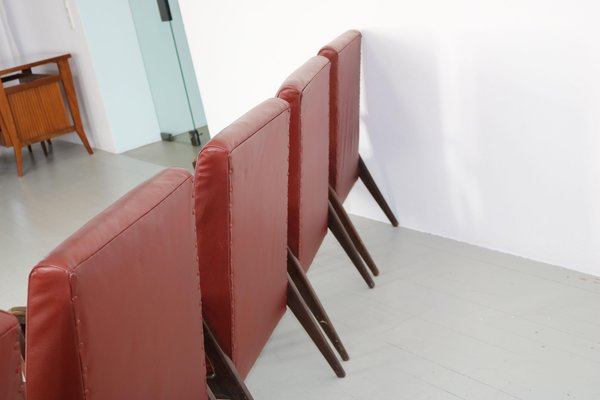 Dark Red Leatherette Armchairs, Italy, 1960s, Set of 5-AA-1087448