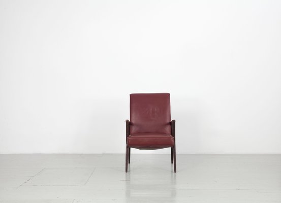 Dark Red Leatherette Armchairs, Italy, 1960s, Set of 5-AA-1087448