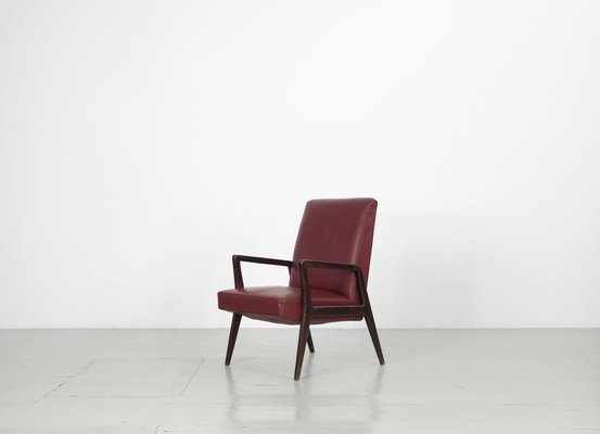 Dark Red Leatherette Armchairs, Italy, 1960s, Set of 5-AA-1087448