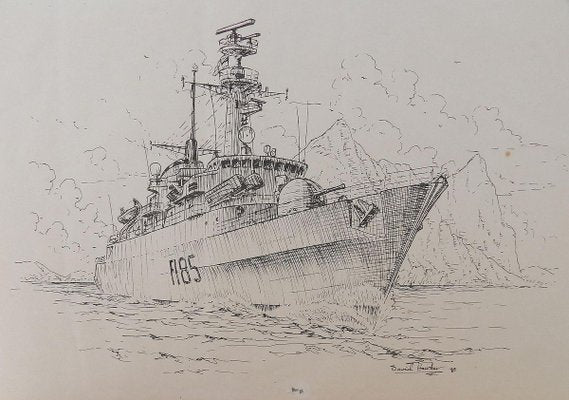 David Hawker, War Ship ink Painting, 1980s-ARU-811140