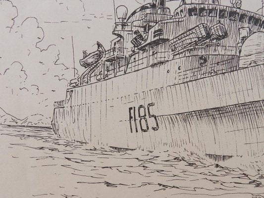 David Hawker, War Ship ink Painting, 1980s-ARU-811140