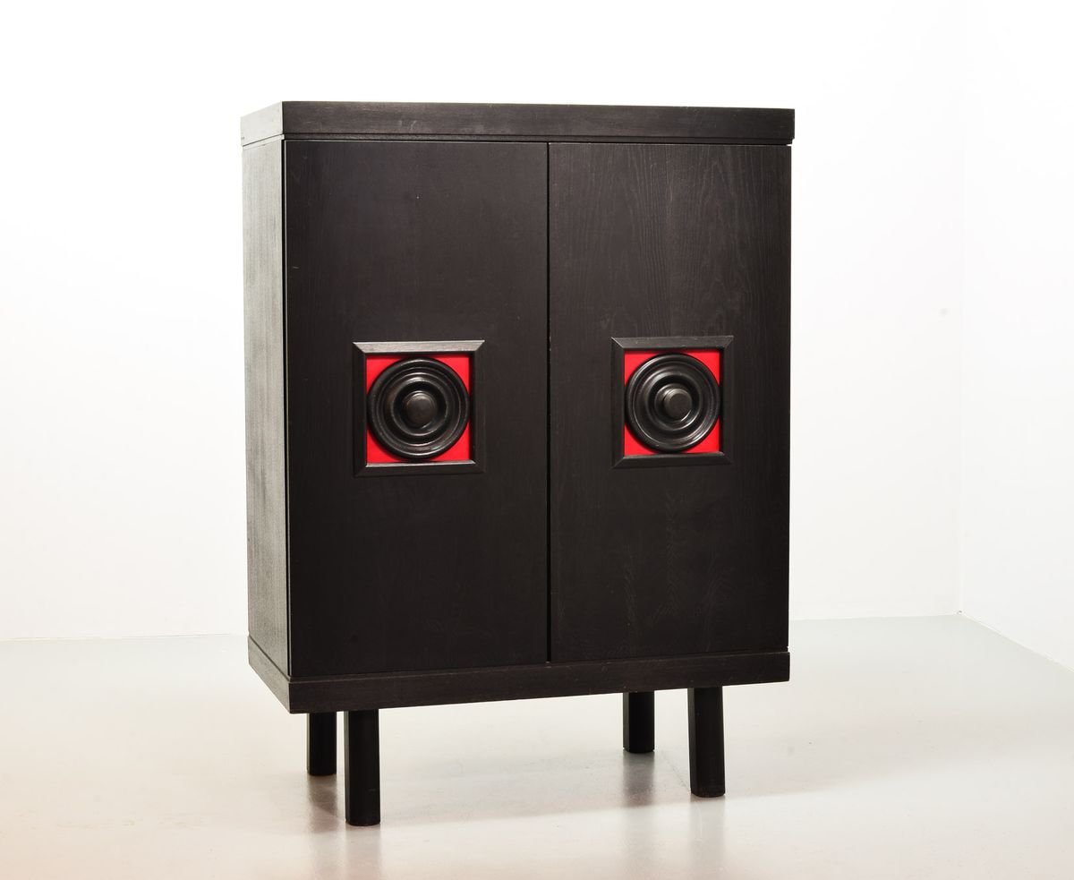 De Coene Style Brutalist Black Highboard with Red Accents, Belgium, 1960s