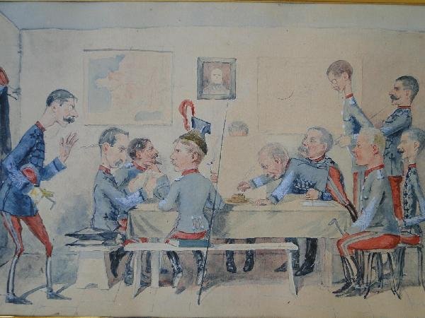 De Gressot, Cartoon of Colonel & Regiment of Hunters, Watercolor on Paper