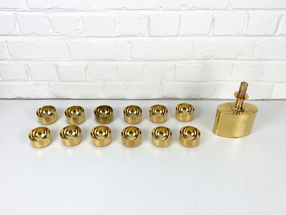 Decanter and Tumblers in Gold Plated Brass by Pierre Forsell for Skultuna, 1960s, Set of 13