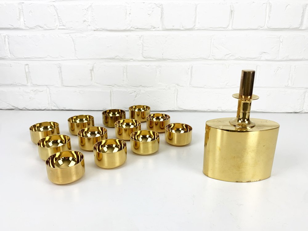 Decanter and Tumblers in Gold Plated Brass by Pierre Forsell for Skultuna, 1960s, Set of 13