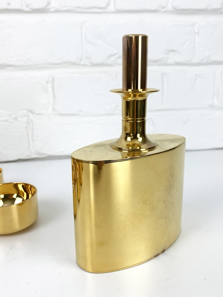 Decanter and Tumblers in Gold Plated Brass by Pierre Forsell for Skultuna, 1960s, Set of 13