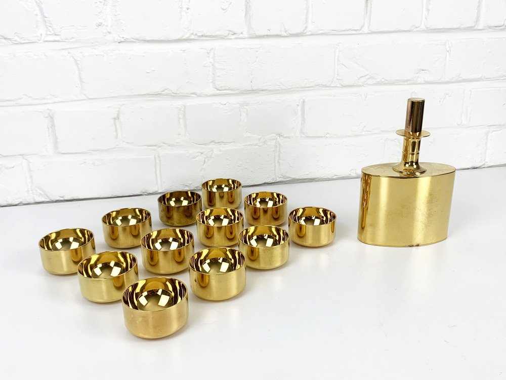 Decanter and Tumblers in Gold Plated Brass by Pierre Forsell for Skultuna, 1960s, Set of 13