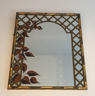 Decorative Faux Bamboo Gilt Wood Mirror with Printed Floral Decor, 1970s-BA-658399