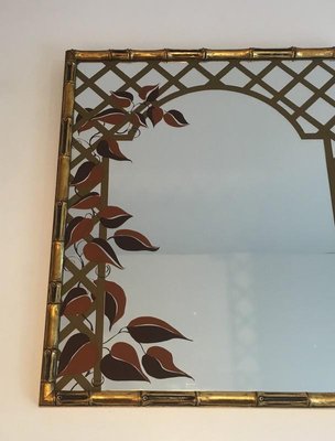 Decorative Faux Bamboo Gilt Wood Mirror with Printed Floral Decor, 1970s-BA-658399