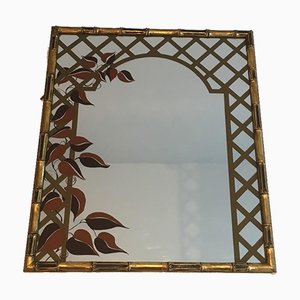 Decorative Faux Bamboo Gilt Wood Mirror with Printed Floral Decor, 1970s-BA-658399