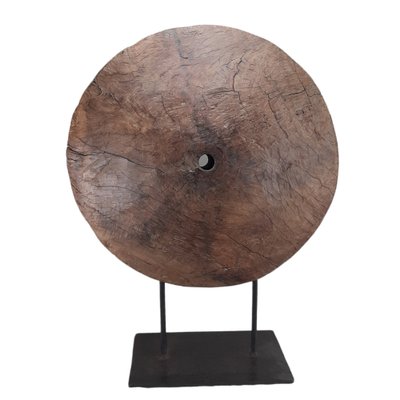 Decorative Round Wood Piece on Iron Stand-TCS-1264447