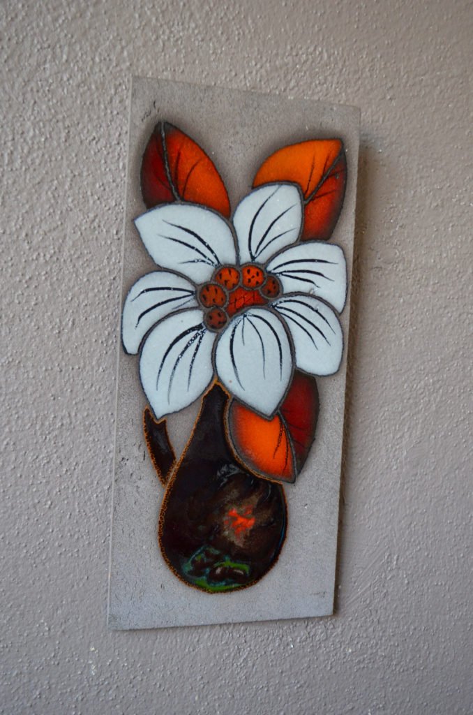 Decorative Wall Plaque with Enameled Lava Flower, Country Chic