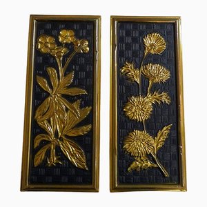 Decorative Wall Plates with Floral Motif in Black & Gold Metal from Elpec England, 1960s, Set of 2-RNR-1444950