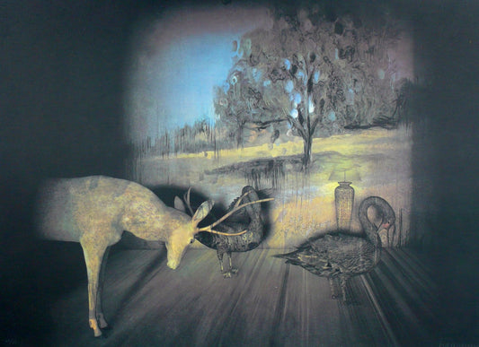 Deer and Gooses Lithograph by Francisco Larios, 1990