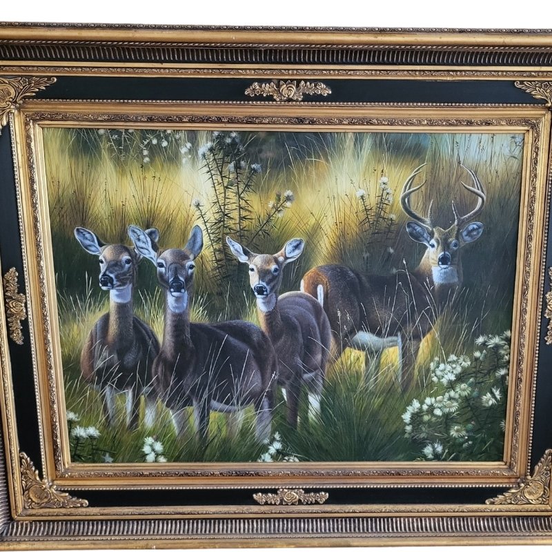 Deer Family, La Zagaleta, Spain, 1980s, Oil on Canvas, Framed