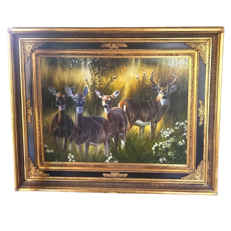 Deer Family, La Zagaleta, Spain, 1980s, Oil on Canvas, Framed