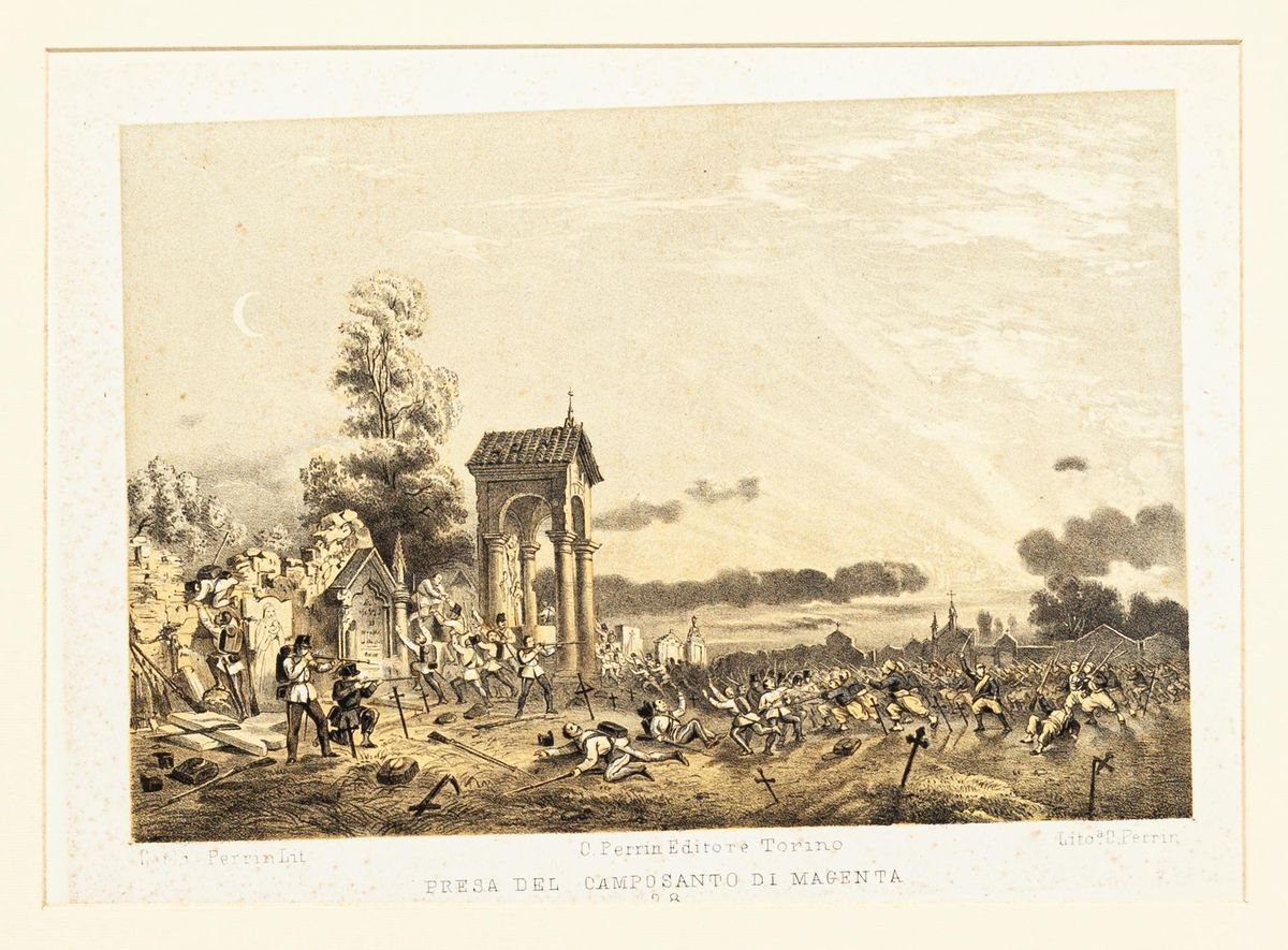 Defense of the Cemetery in Magenta - Original Lithograph by Carlo Perrin - 1860 1860