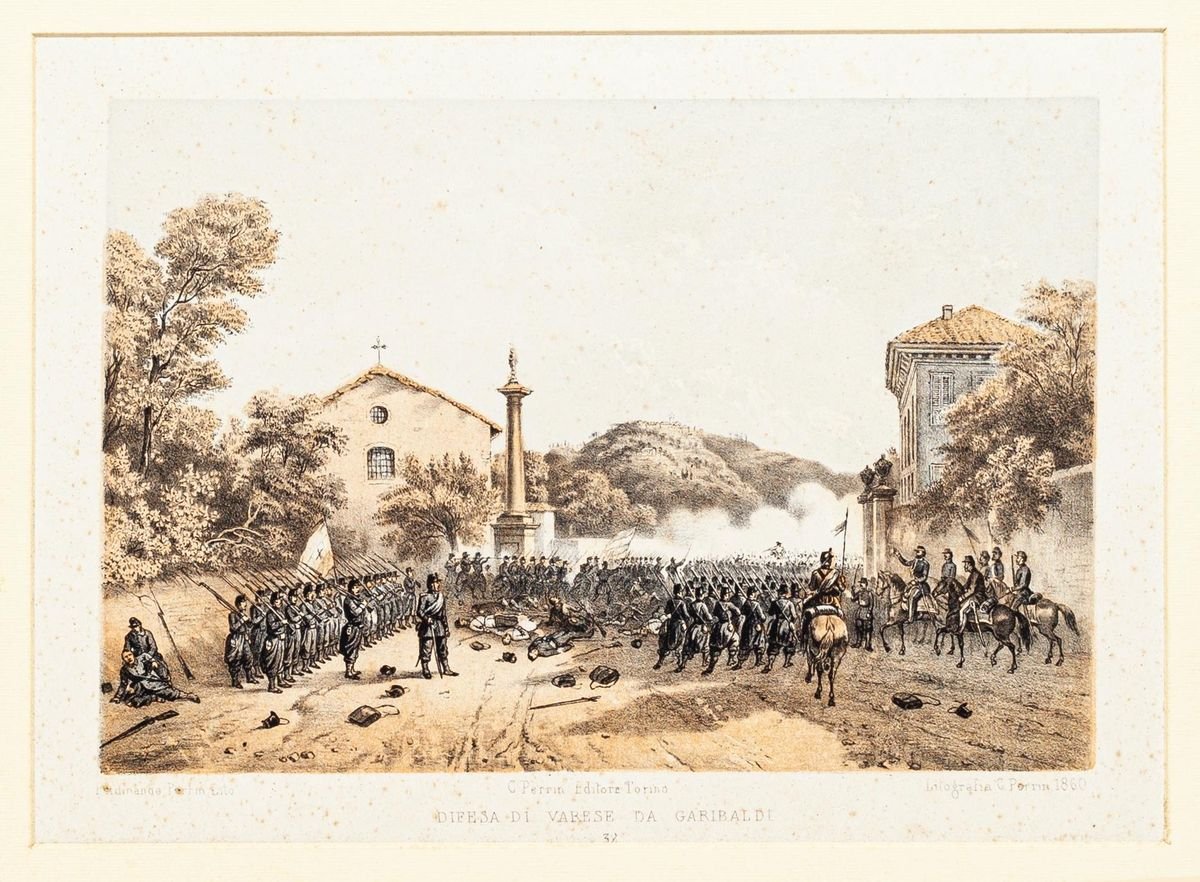 Defense of Varese by Garibaldi - Lithograph by Carlo Perrin - 1860 1860