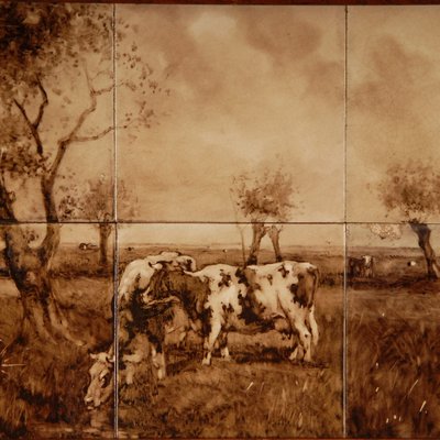 Delft Tile Panel Landscape with Cows, 1800s-GOE-1807288