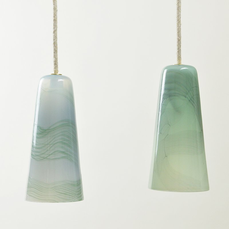 Delta Pendant Lamp in Pastel Green & Blue Grey, Moire Collection, Hand-Blown Glass by Atelier George