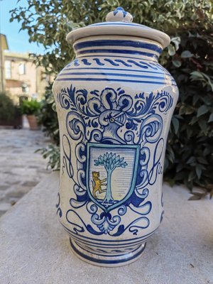 Deruta Pharmacy Vases Albarelli in White Ceramic with Blue Paintings, 1950s, Set of 2-ZFY-1757059