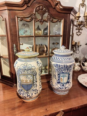 Deruta Pharmacy Vases Albarelli in White Ceramic with Blue Paintings, 1950s, Set of 2-ZFY-1757059