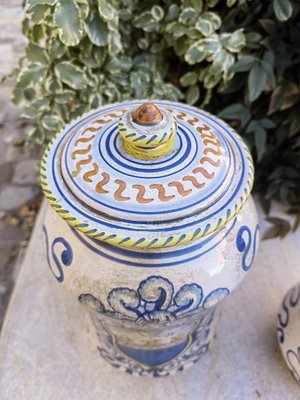 Deruta Pharmacy Vases Albarelli in White Ceramic with Blue Paintings, 1950s, Set of 2-ZFY-1757059