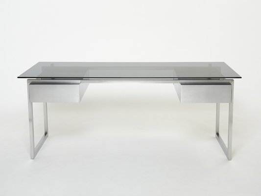 Desk in Brushed Steel and Smoked Glass by Patrice Maffei for Kappa, 1970-YJA-1353015