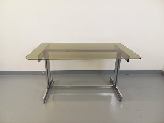 Desk or Dining Table in Smoked Glass and Chrome Metal, 1970s-AHO-1811781