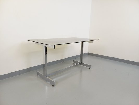 Desk or Dining Table in Smoked Glass and Chrome Metal, 1970s-AHO-1811781